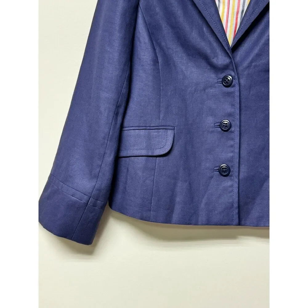 J. CREW 100% Linen Nautical Navy Blue Sailor Style Blazer, Silk/Cotton Lining 12